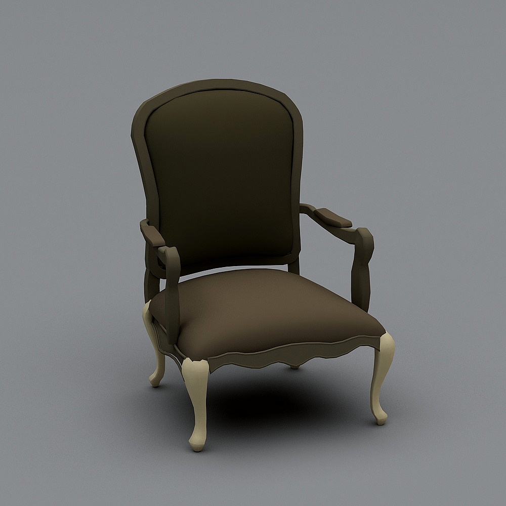 Classic brown fabric armchair with curved wooden legs on grey background