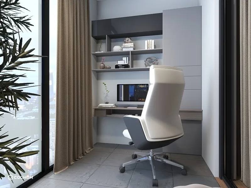 Modern home office with white chair wooden desk computer monitor shelves and brown window curtains