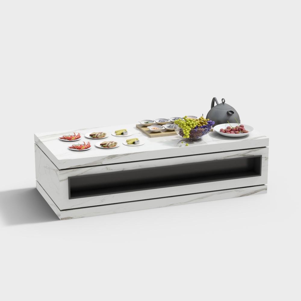 Modern white marble coffee table with black storage drawer and food on white background