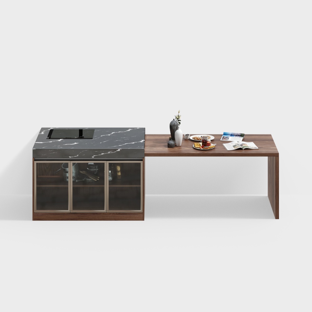 Minimalist Kitchen Island 3D Model – Marble & Wood