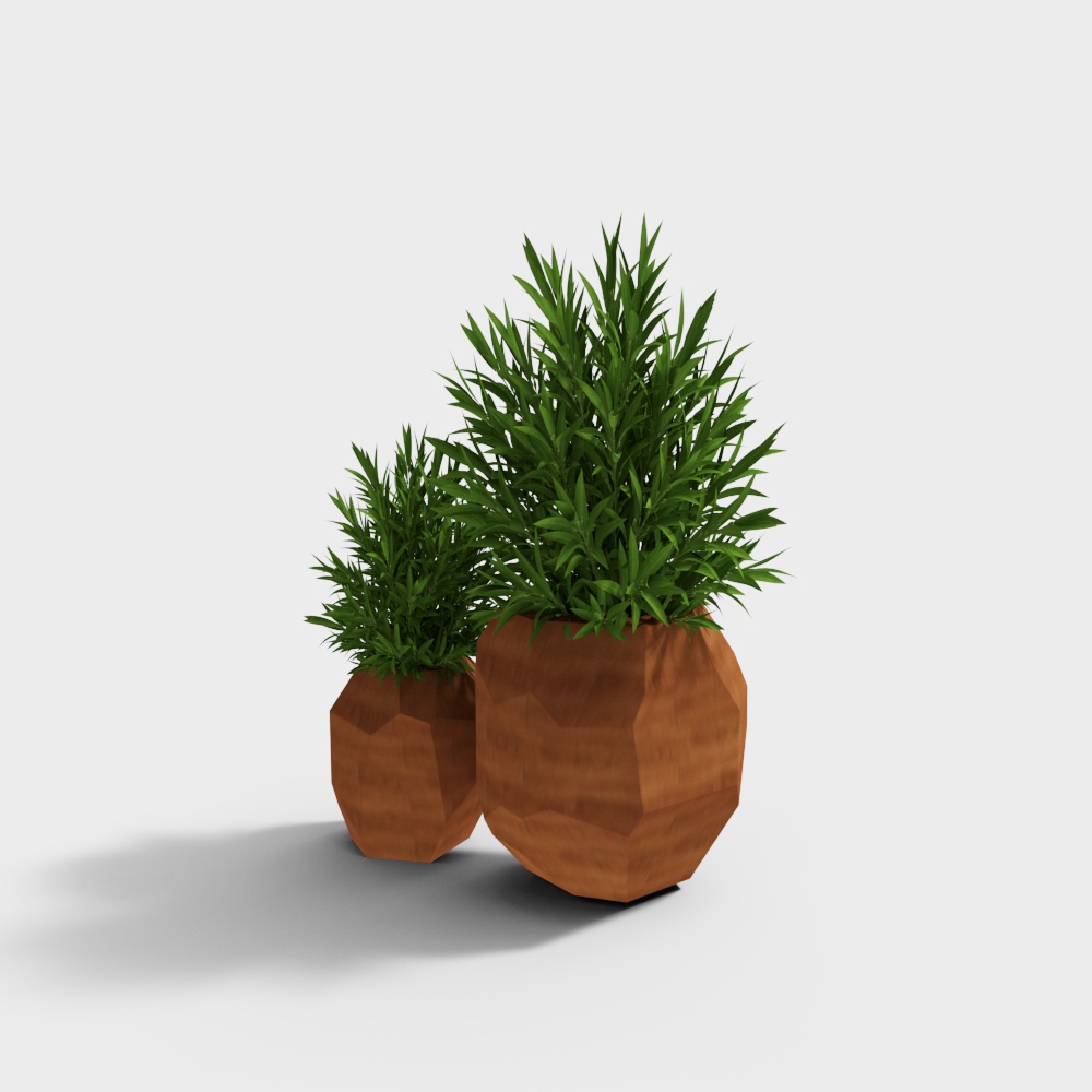 Two geometric brown plant pots with green leafy plants on white background