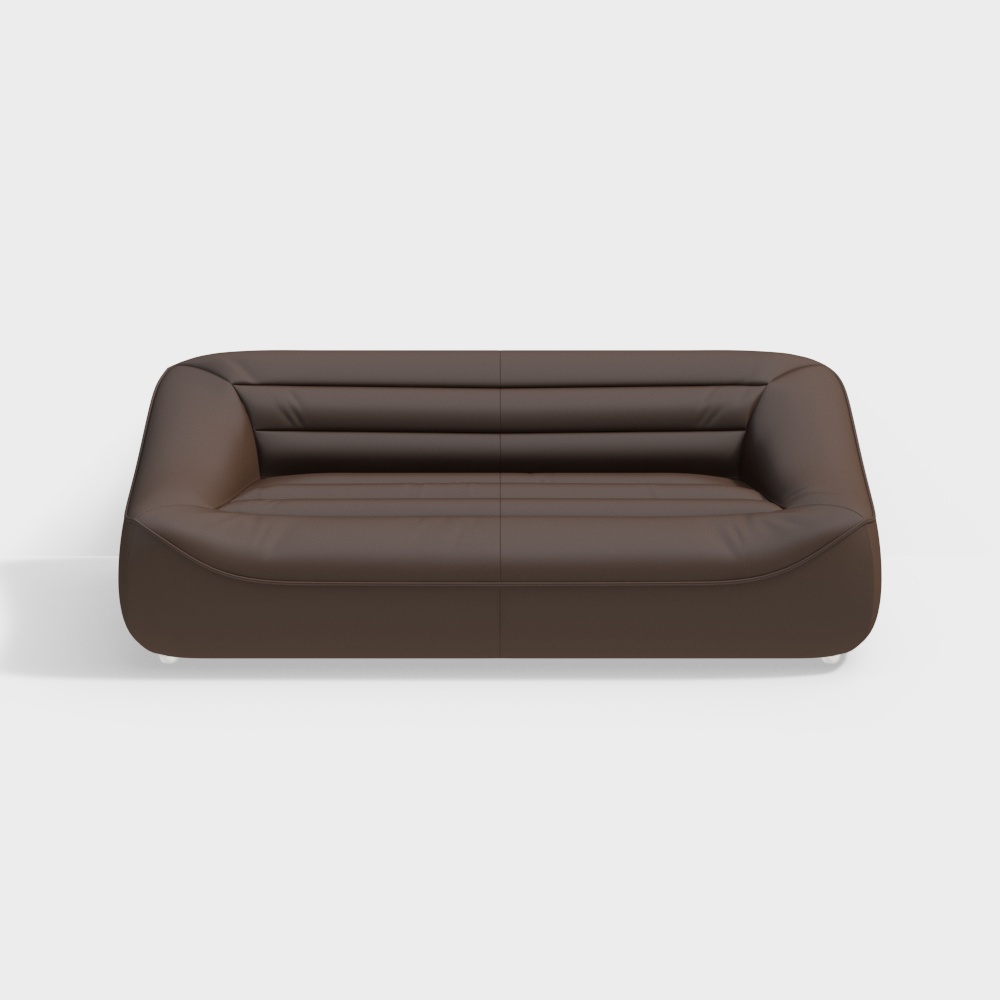 Modern brown leather sofa with rounded armrests and horizontal stitching on white background
