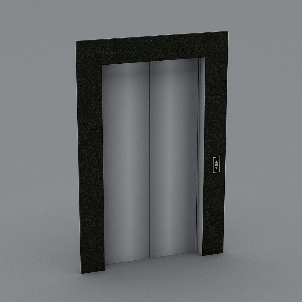 Modern elevator with silver metal doors and black stone frame on grey background