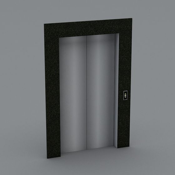Modern elevator with silver metal doors and black stone frame on grey background