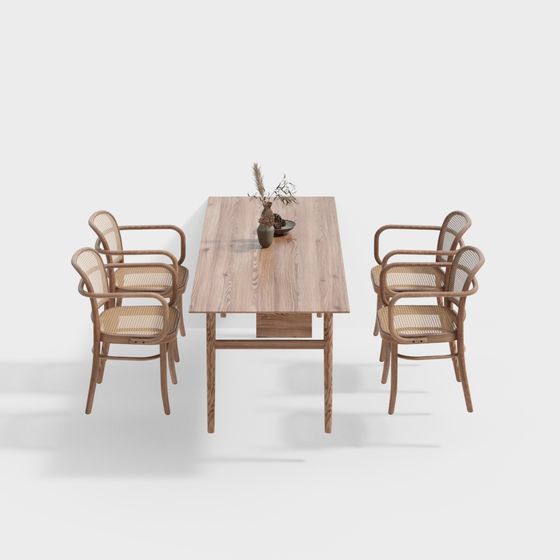 Elegant Wooden Dining Table and Chairs Set 3D model