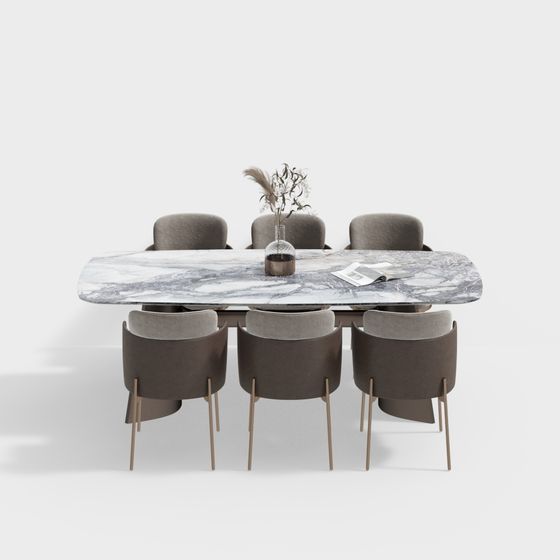 Marble Dining Table with Leather Chairs 3D model