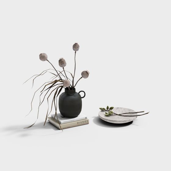 Dried Flower Vase with Stone Plate 3D model