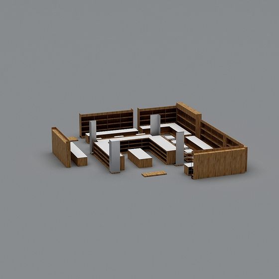 Modern light wood bookcase and white desk furniture set on grey background