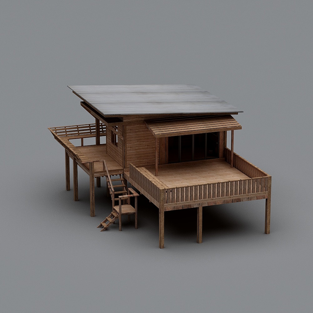 Modern wooden beach house model with deck and stairs on grey background