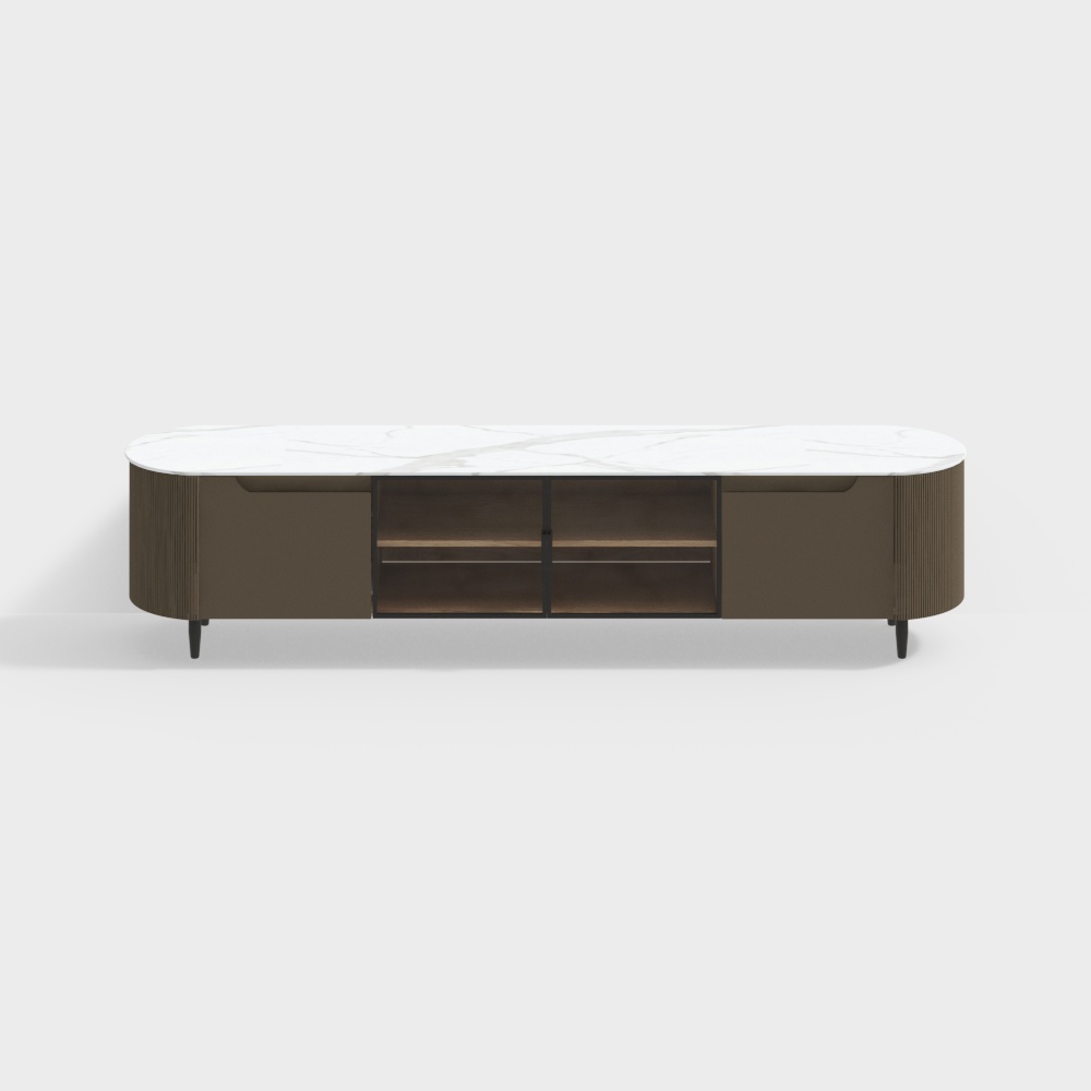 Modern brown wooden TV cabinet with white marble top and black legs on grey background