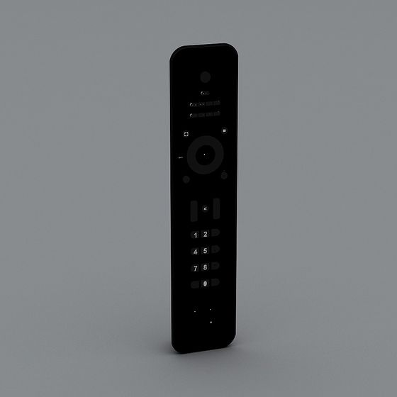 Modern black remote control with round button and numbers on grey background