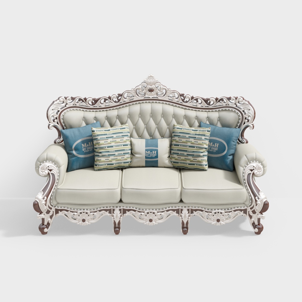 Classic white sofa with carved wood frame and blue pillows on white background