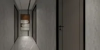 Modern hallway with grey walls marble tile floor dark doors and abstract wall art design