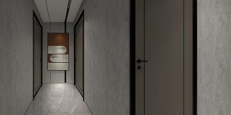 Modern hallway with grey walls marble tile floor dark doors and abstract wall art design
