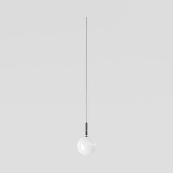 Modern white glass globe pendant light with silver metal rod on grey background