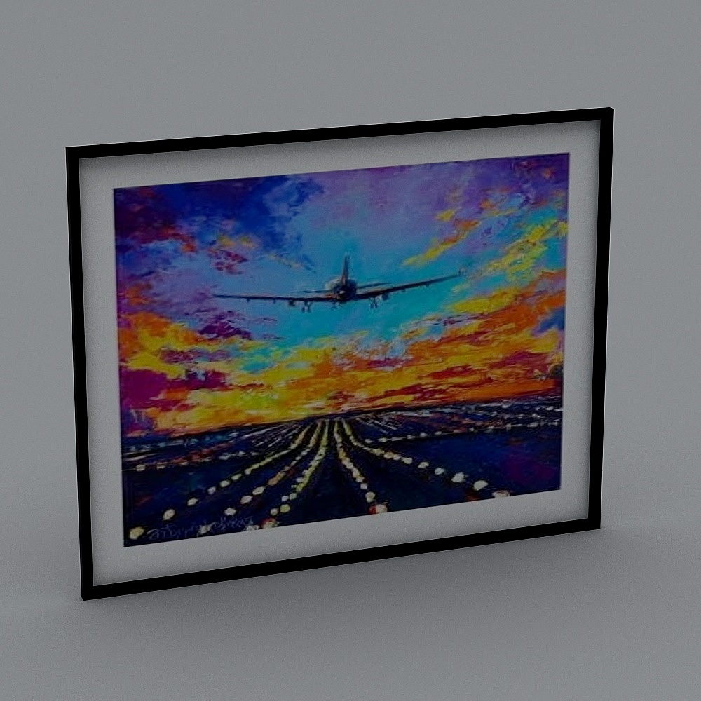 Framed wall art with airplane landing on runway at sunset on grey background