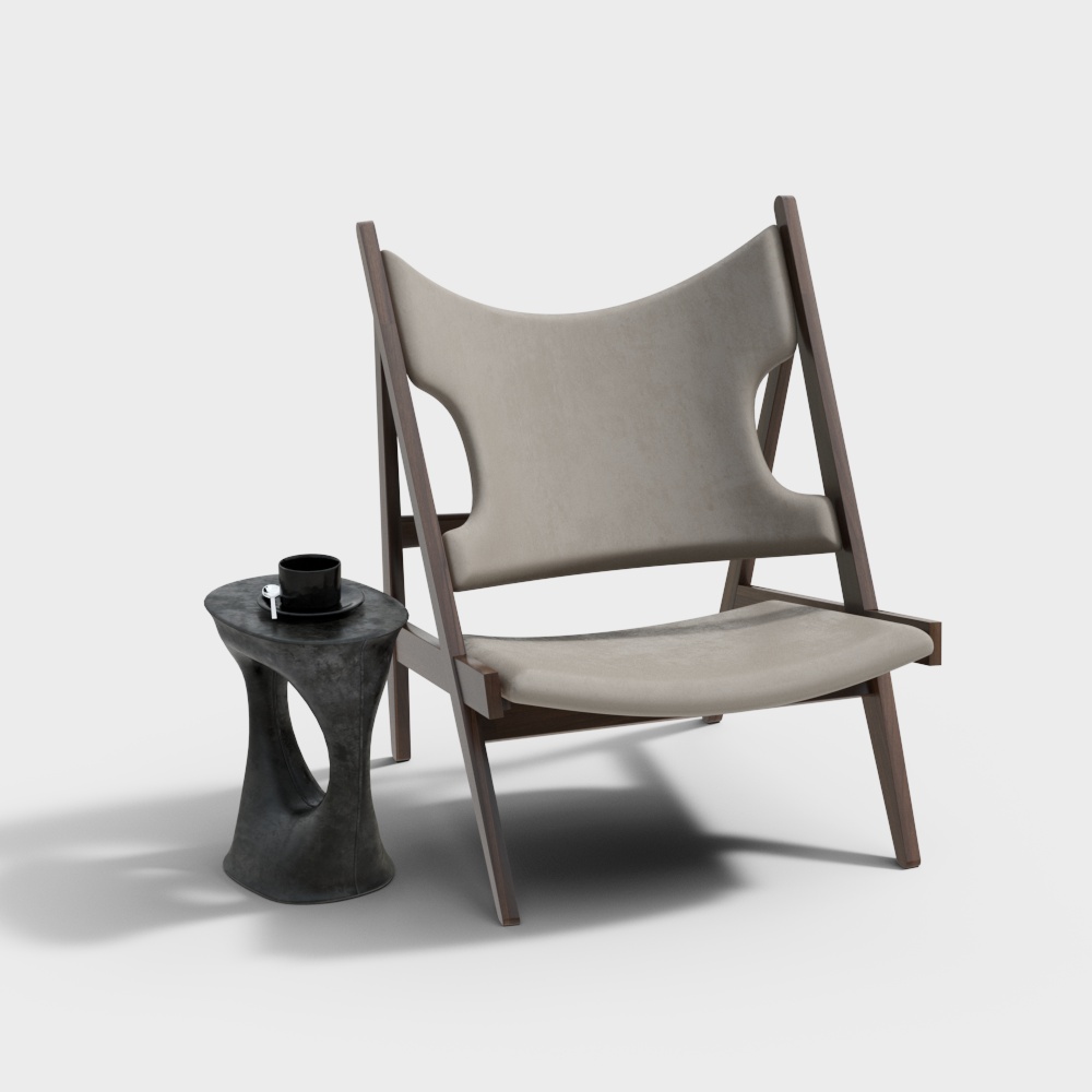 Modern dark wood lounge chair with beige fabric and black side table on white background
