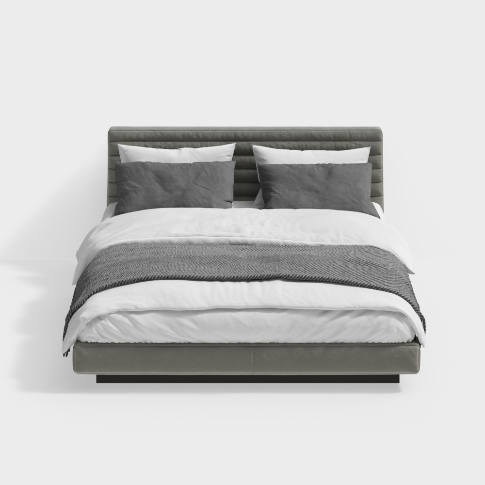 Modern grey upholstered bed with white bedding and pillows on light grey background