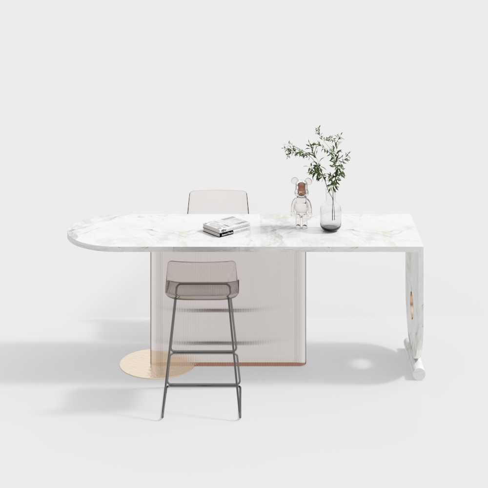 Modern white marble dining table with clear plastic stool and gold base on grey background