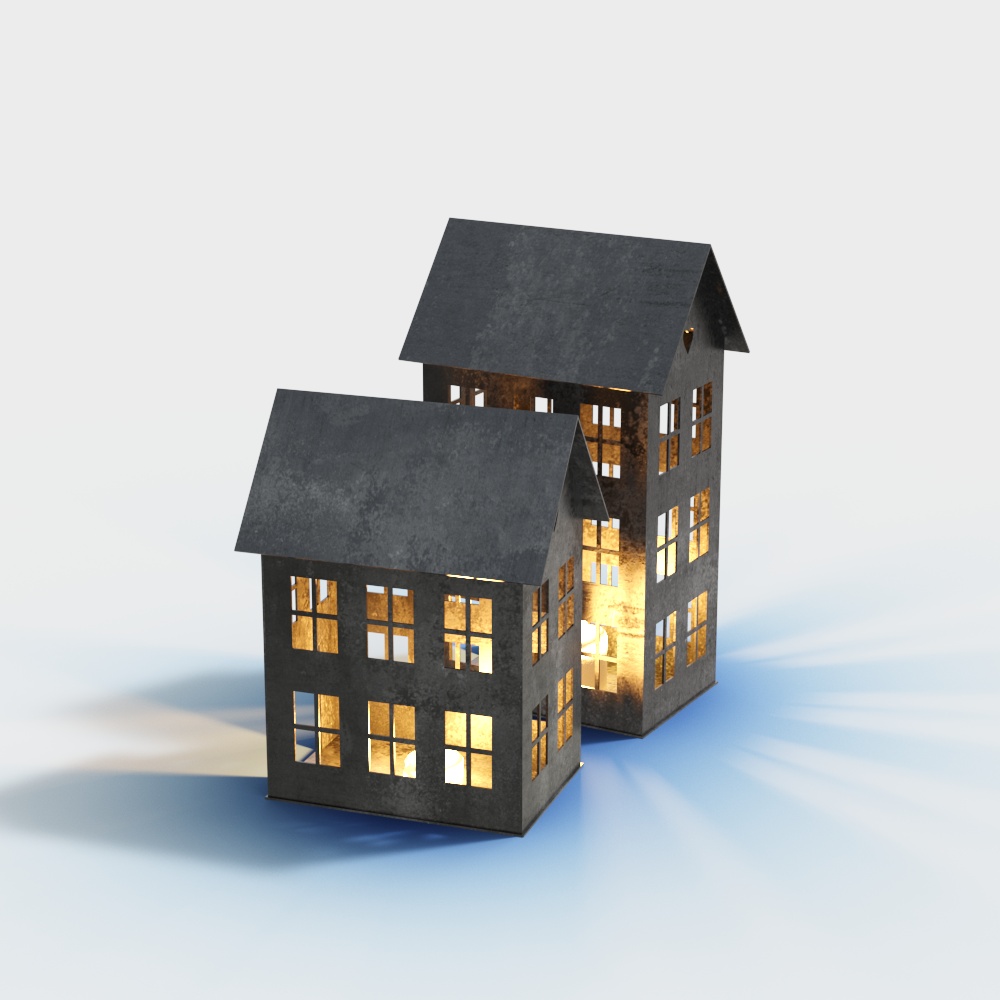 Urban Shadows 3D Model – Low-Poly Houses with Warm Lighting