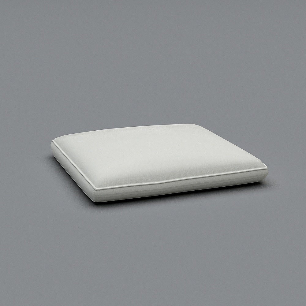 Square white leather cushion with piped edges and soft texture on grey background