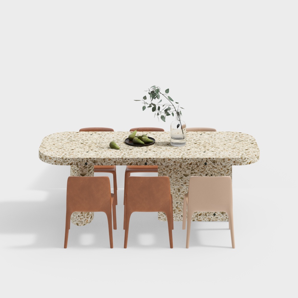 Terrazzo dining table with brown and beige chairs on white background