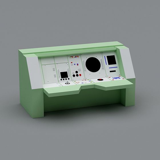 Green and white control desk with screens and buttons on grey background