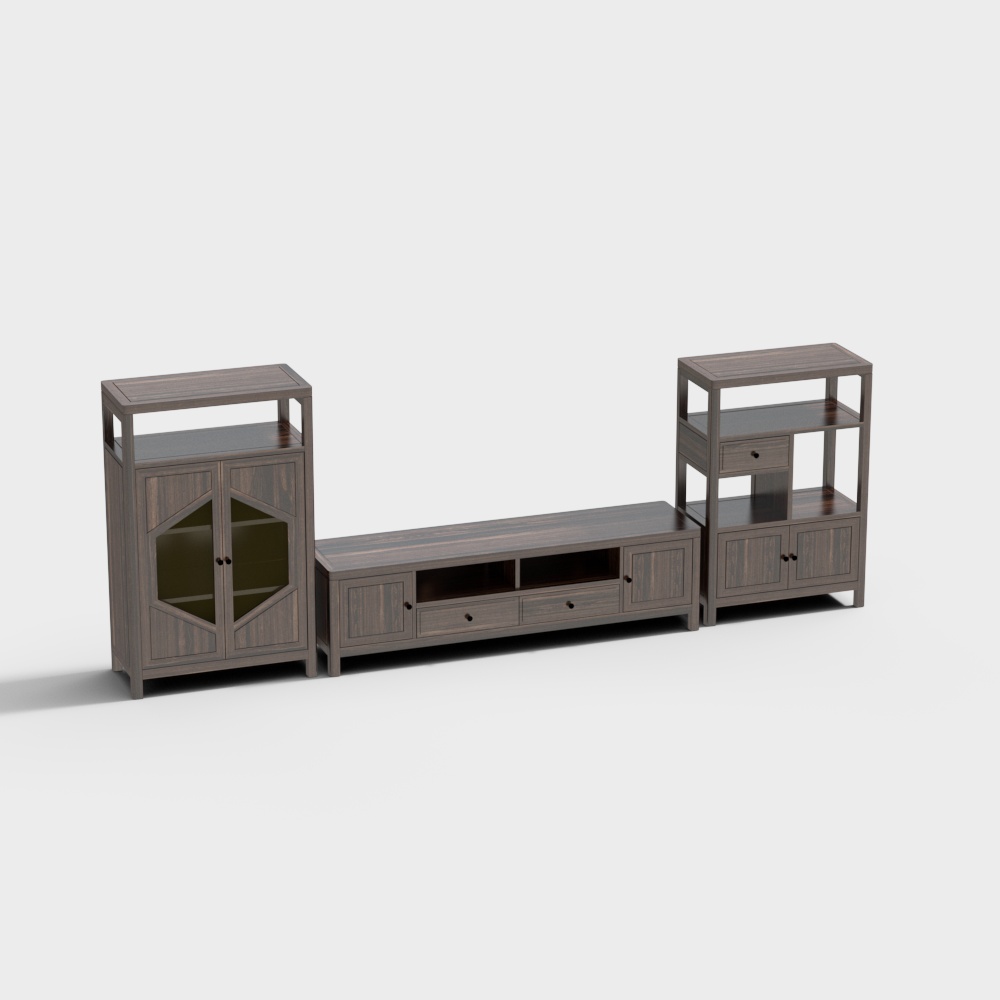 Modern dark brown wooden TV stand with glass doors and shelves on white background
