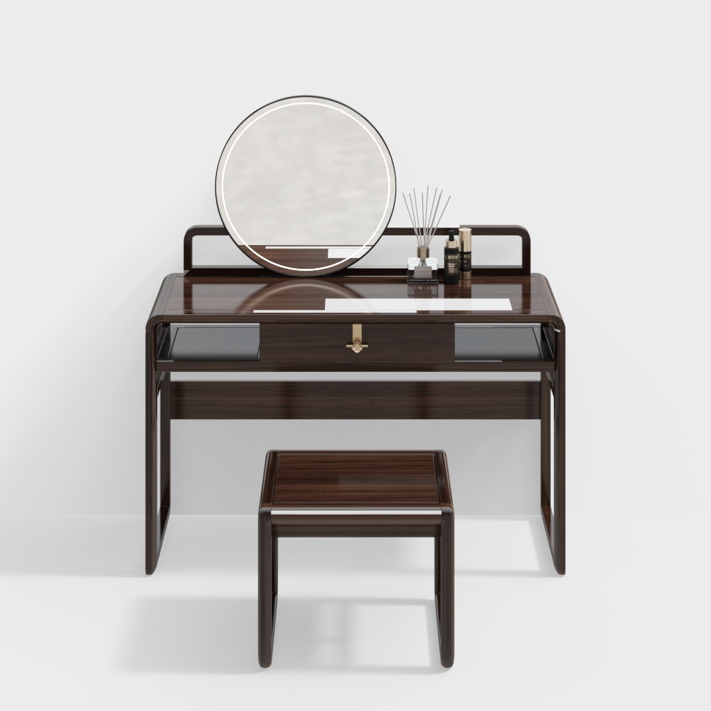 Modern dark wood vanity desk with round mirror and stool on white background