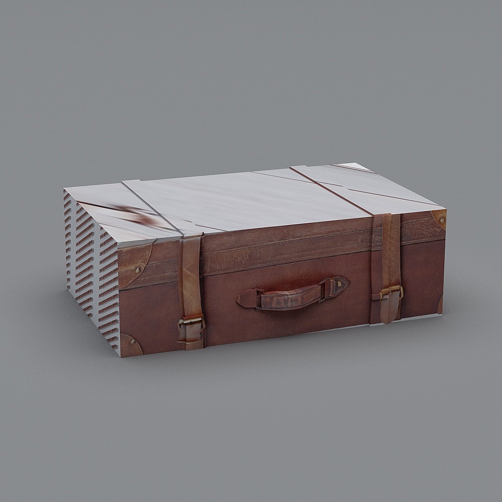 Vintage brown leather storage box with straps and handle on grey background