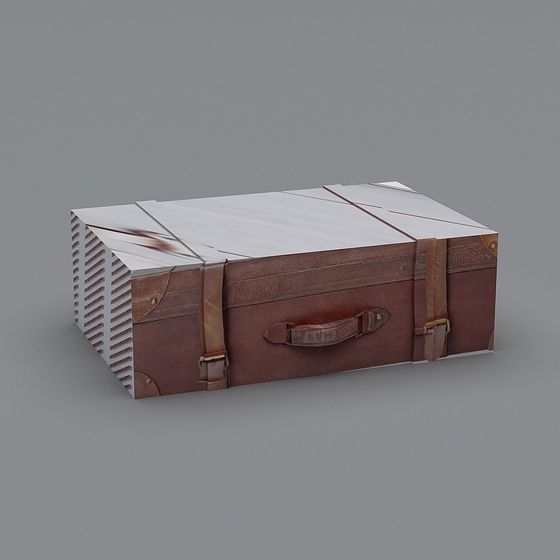 Vintage brown leather storage box with straps and handle on grey background