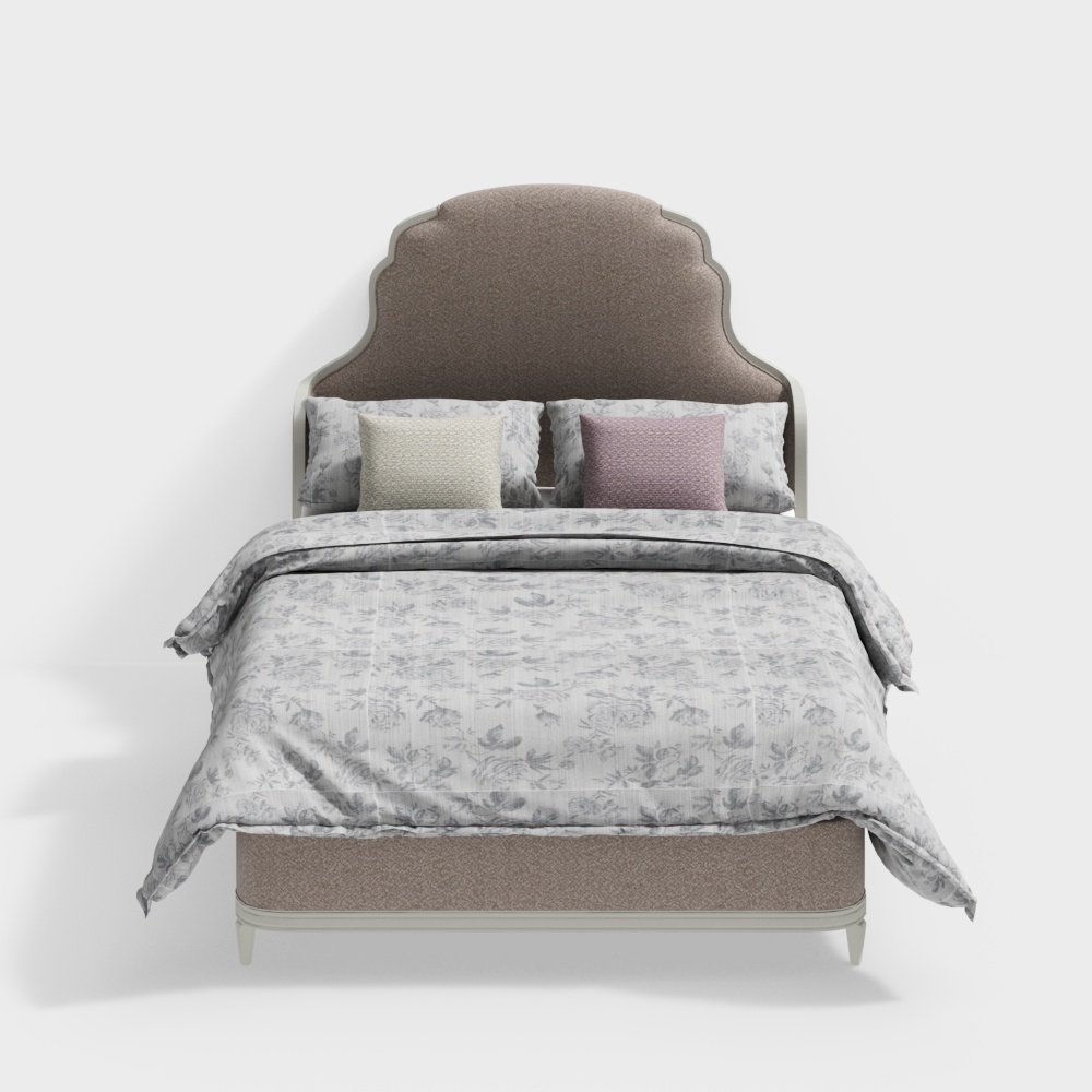 Queen size bed with gray upholstered headboard and floral bedding on white background