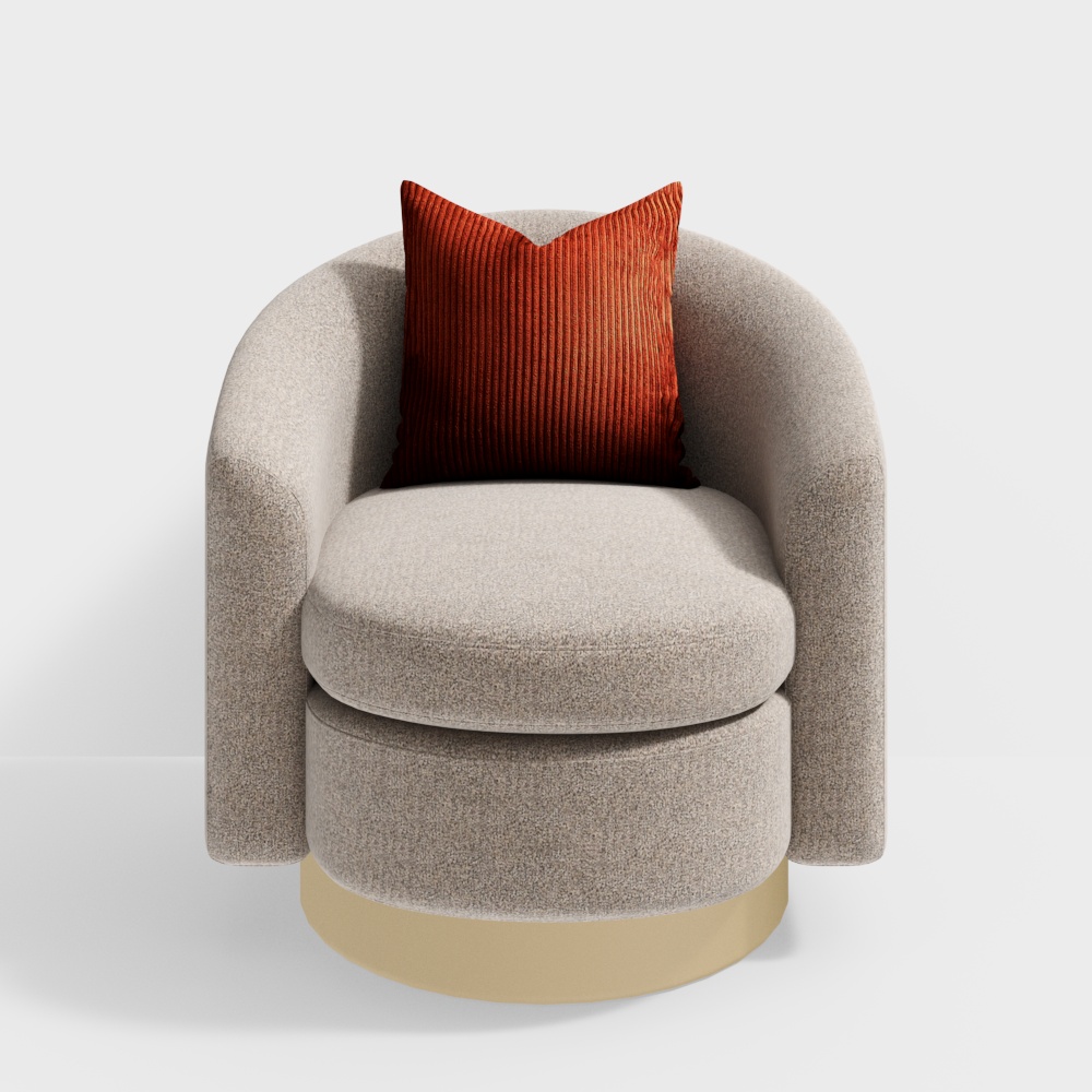 Modern beige fabric armchair with round base and orange cushion on white background