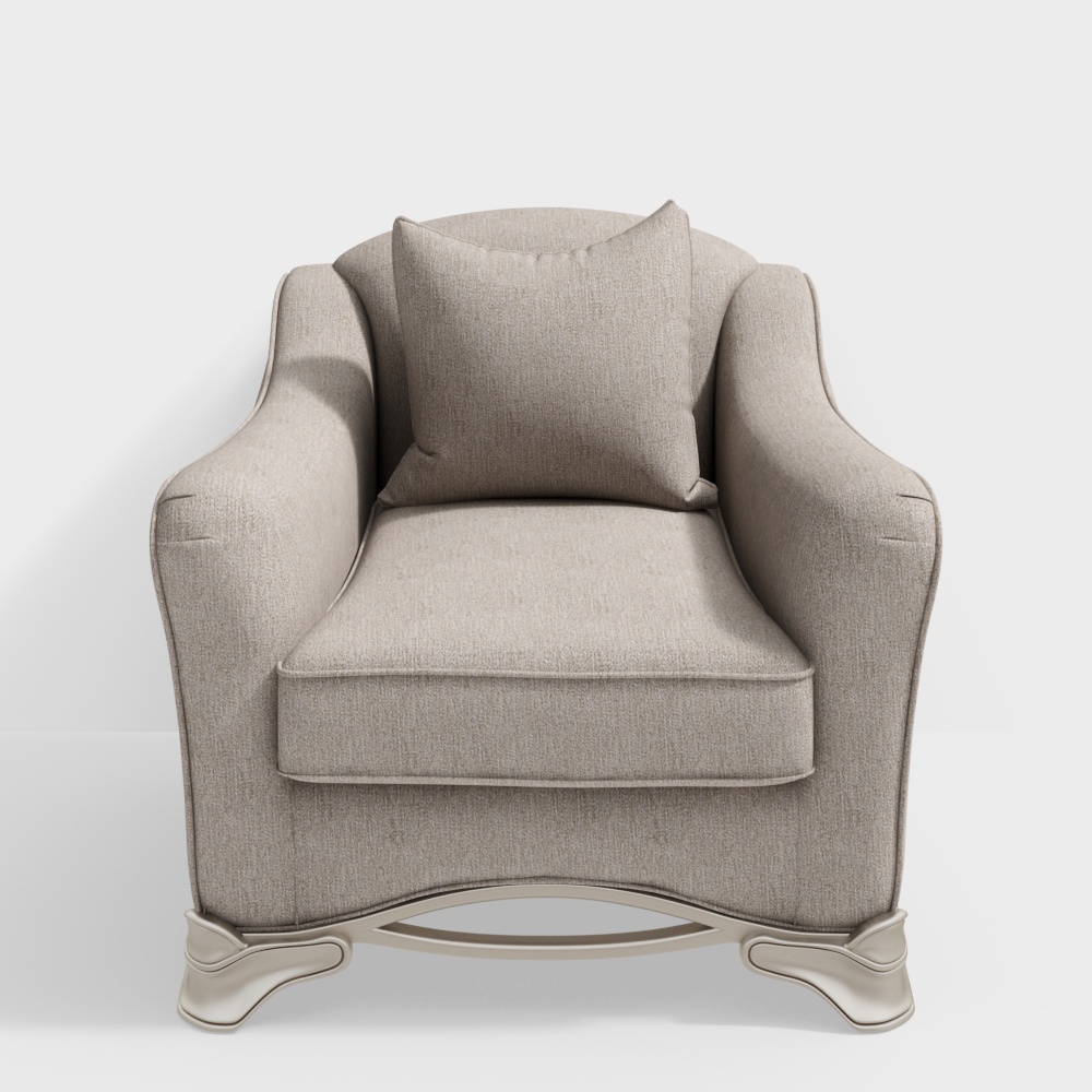 Classic beige fabric armchair with cushion and curved wooden legs on white background