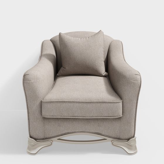 Classic beige fabric armchair with cushion and curved wooden legs on white background