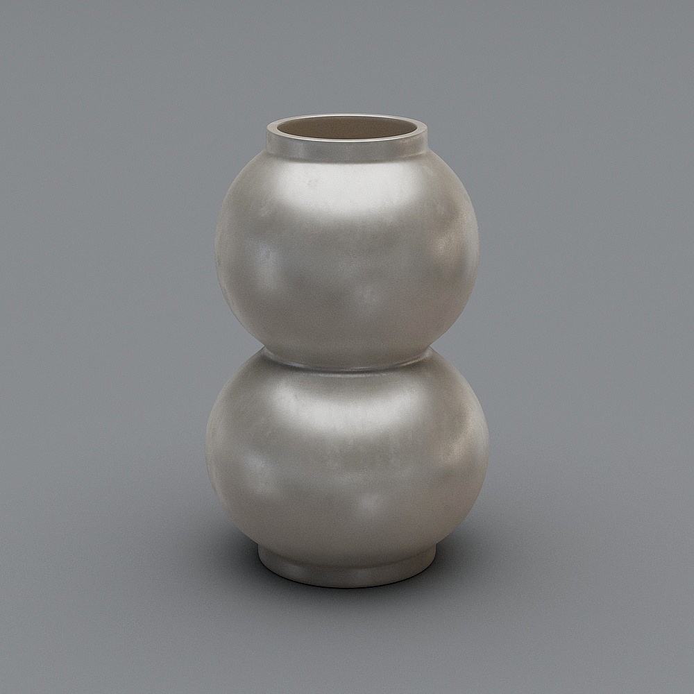 Modern silver metal vase with two round stacked sections on grey background