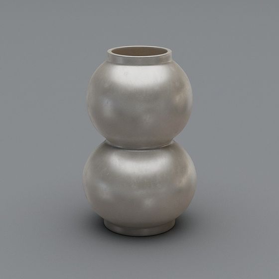 Modern silver metal vase with two round stacked sections on grey background