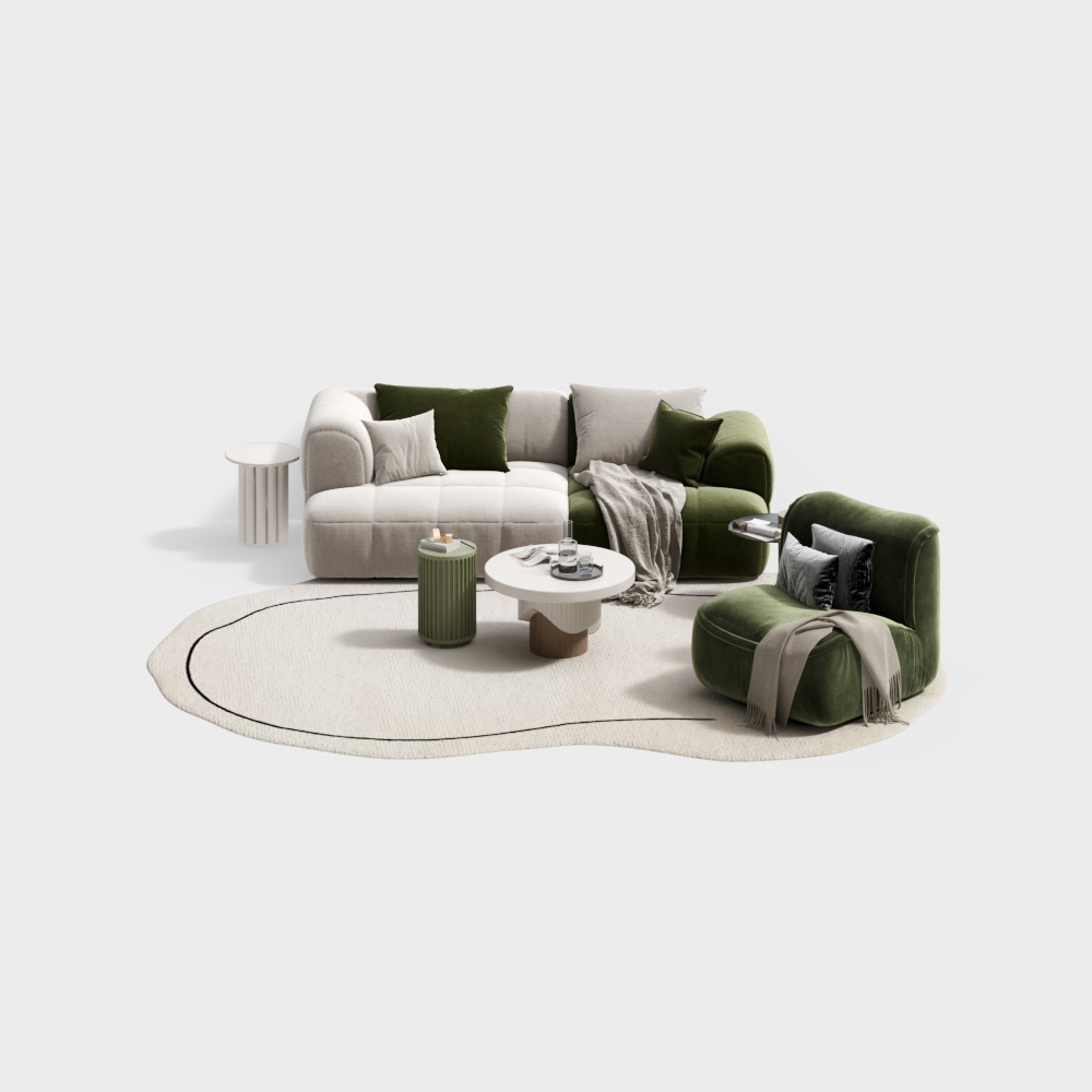 Modern modular sofa set with green and beige fabric cushions on white background