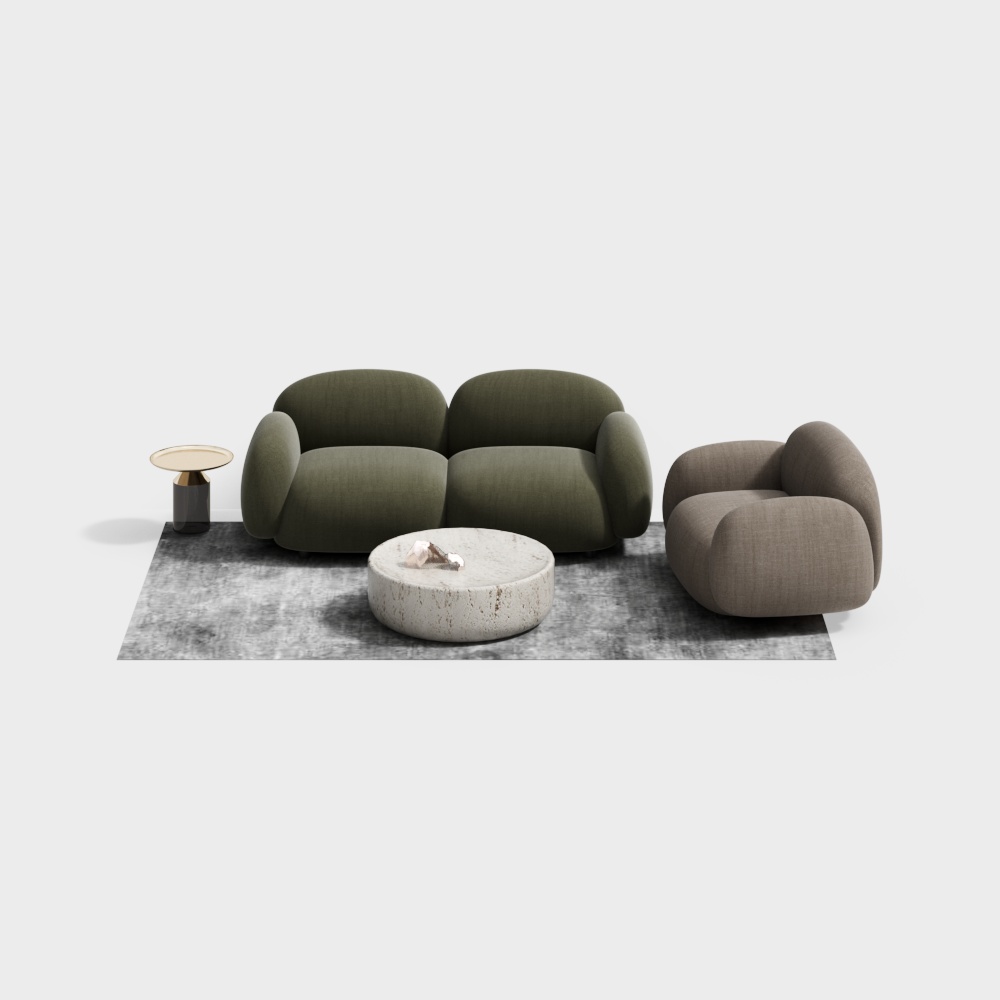 Green sofa and beige armchair with stone coffee table on grey background