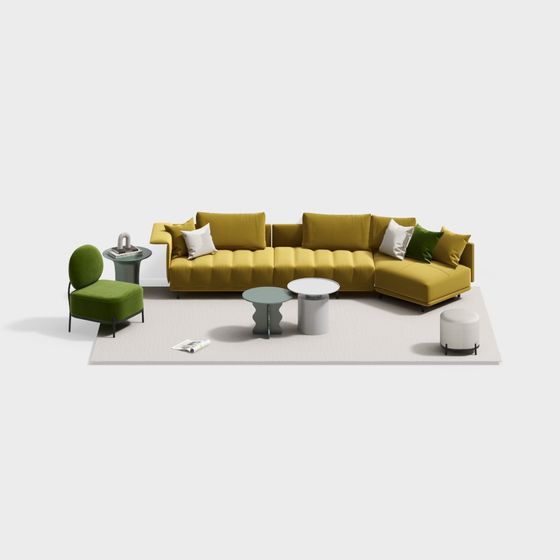 Chic Low Polygon Sofa Set 3D Model for Modern Interiors