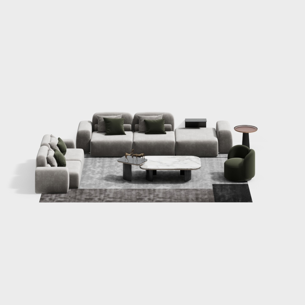 Modern grey fabric sectional sofa set with marble coffee table and green armchair on white background