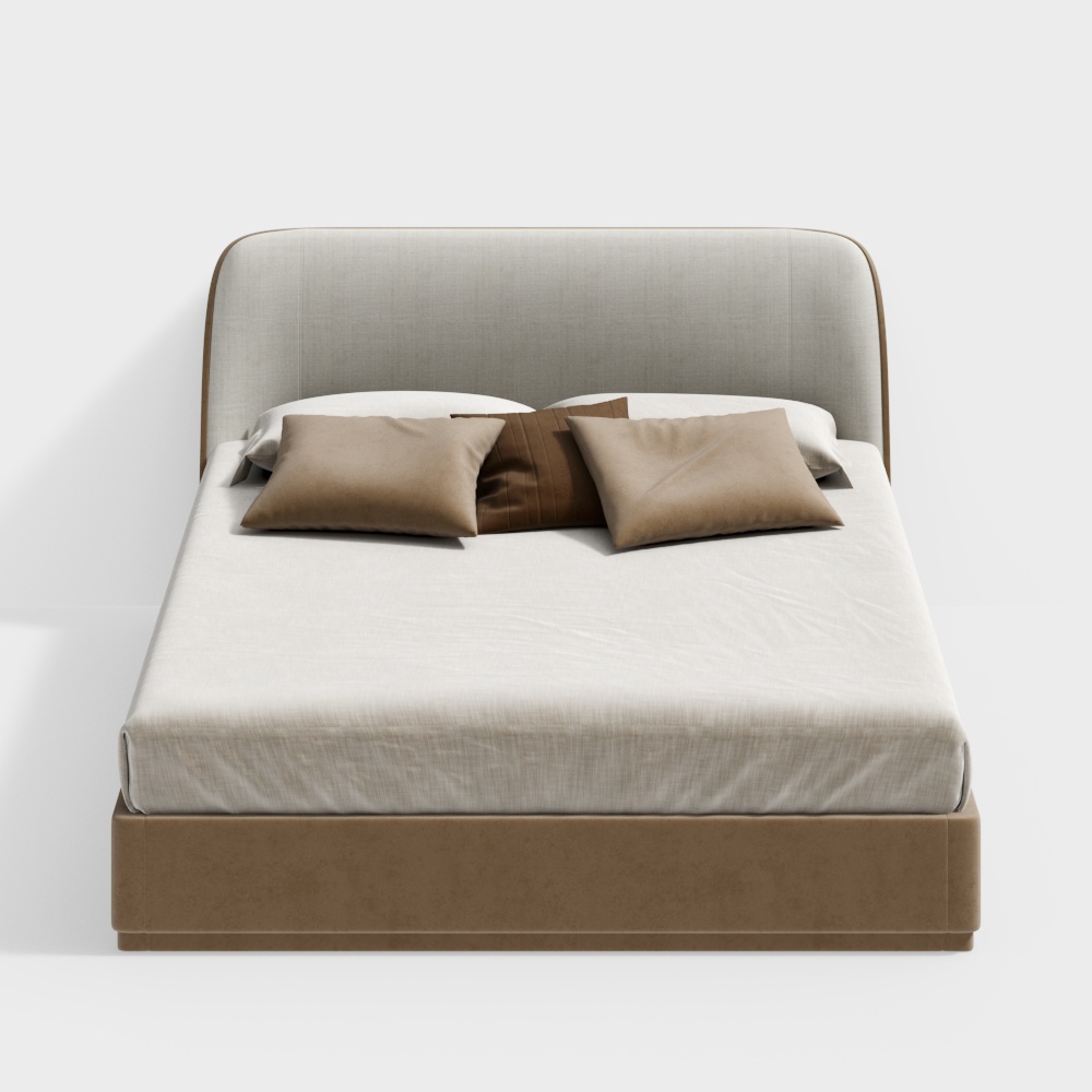Modern beige upholstered bed with white sheets and brown pillows on white background
