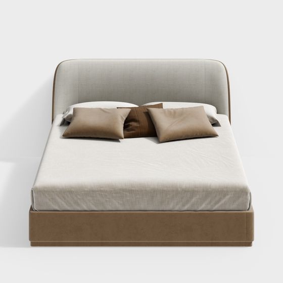 Modern beige upholstered bed with white sheets and brown pillows on white background