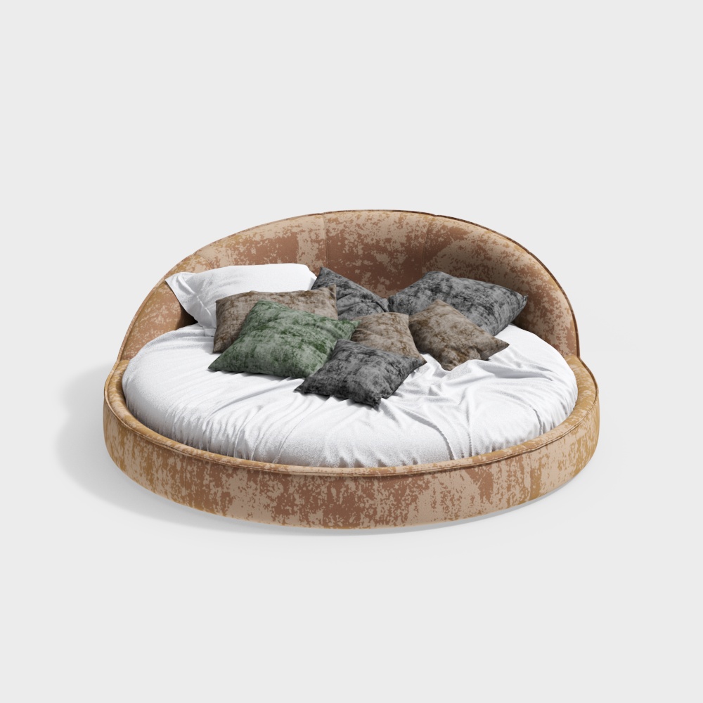 Cozy Round Bed Retreat 3D Model – Rustic Leather Frame