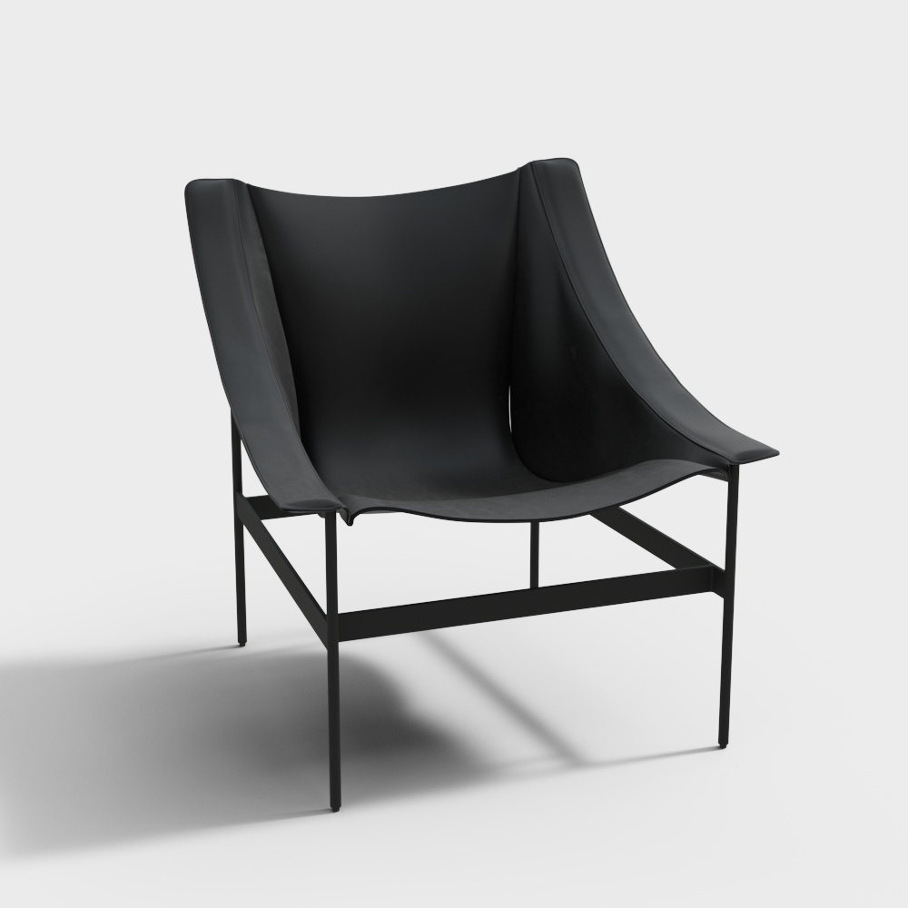 Modern black leather armchair with thin metal frame on white background