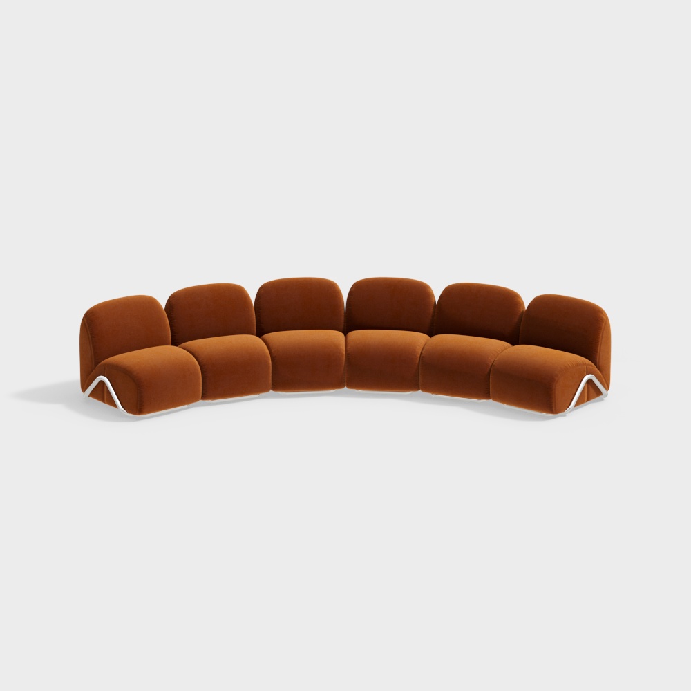 Stylish Caramel Curved Sofa 3D Model – Velvet & Metal Frame
