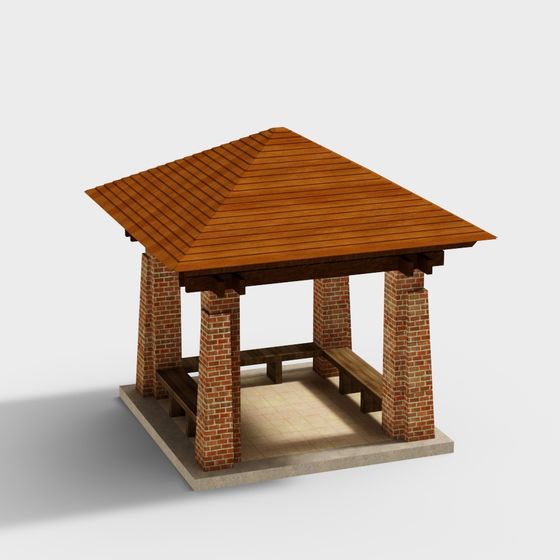 Outdoor wooden gazebo with brick pillars and benches on grey background