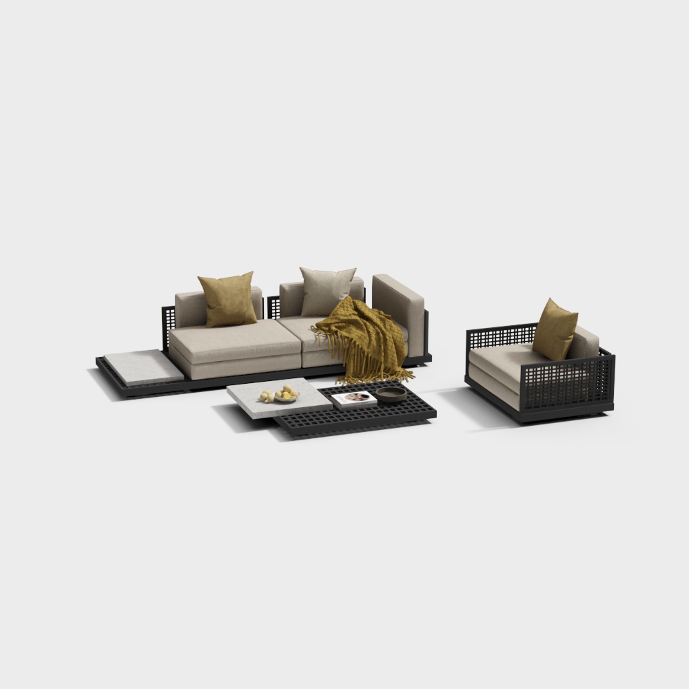 Elegant Low-Poly Sofa Set 3D Model – Modern Interior Fixture