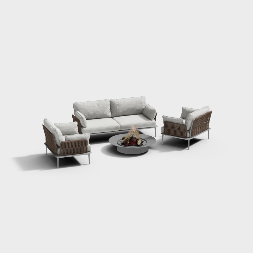 Elegant Low-Polygon Sofa Set 3D Model – Grey Fabric & Wicker