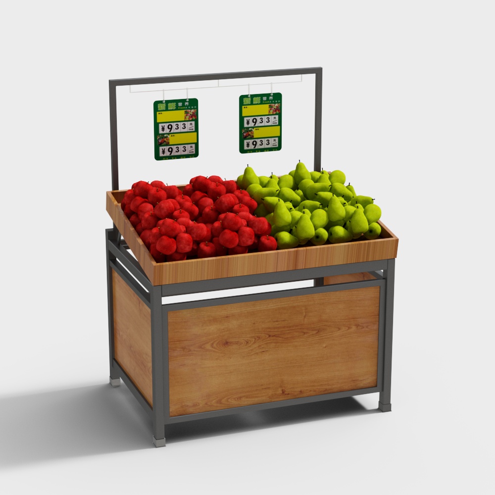 Wooden fruit display stand with red apples and green pears on grey background